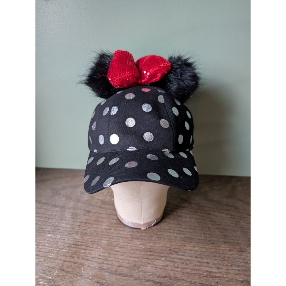 Disney Parks Minnie Pom Pom Silver Polka Dot Sequin Bow Black Baseball Hat NWT